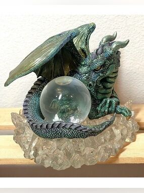 Vintage Westland Giftware #815 Dark Green Dragon & Baby Snow Globe Figure | EUC